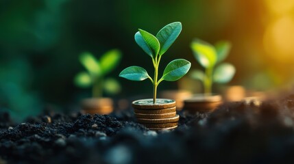A young plant growing from stacked coins symbolizes financial growth and sustainability.