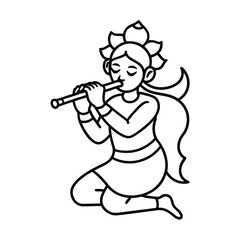 Line Art Drawing Of A Woman Kneeling And Playing A Flute Serene