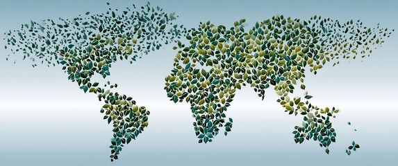 World map composed of leaves on a gradient blue-white background
