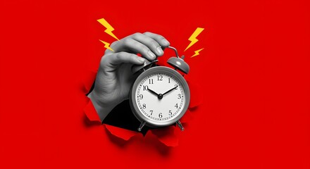 Urgent Time: Hand Reaching Through Red Paper with Alarm Clock and Lightning Bolts