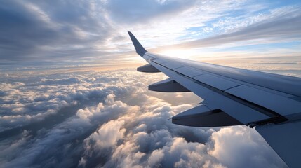 Obraz premium Aerial view from an airplane wing, showcasing clouds and a stunning sunset, capturing the beauty of flight and travel.
