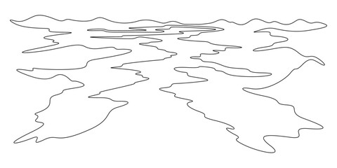 Continuous one line drawing winding river valley. River landscape.