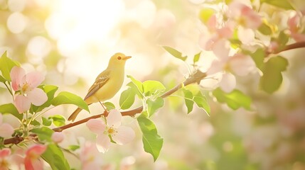 Fototapeta premium Small Bird Perched on Branch of Apple Tree Surrounded by Blossoms