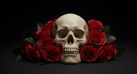 A realistic human skull positioned centrally among lush red roses and dark green leaves on a solid black background