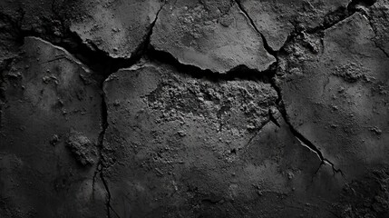 A close-up, high-contrast image showcases a cracked and textured surface, possibly concrete or asphalt. The deep cracks and rough texture create a sense of age, decay, and ruggedness.
