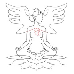 Continuous one line drawing girl in lotus position. Woman doing yoga. Meditation. Heart with wings.