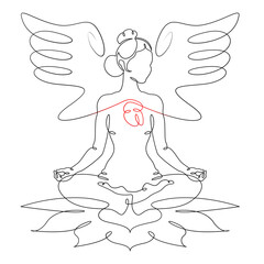 Continuous one line drawing girl in lotus position. Woman doing yoga. Meditation. Heart with wings.