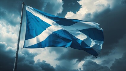 Dynamic Scottish flag waving against a dramatic sky filled with swirling clouds