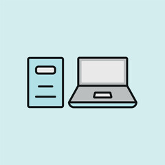 Laptop and book set icon symbolizes digital learning, knowledge balance, and a modern educational workspace.