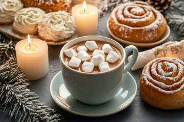 Winter cozy breakfast: cup of cocoa with marshmallows, warm cinnamon buns and candles on the table