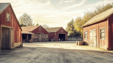 Rustic farm buildings under a sunny sky, sheds are red with aged wood. Evokes a vintage, rural atmosphere, perfect for themes of agriculture, history.