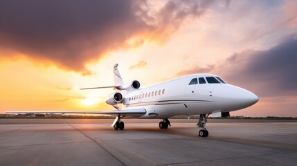 A sleek private jet parked on the runway, illuminated by a stunning sunset, showcasing luxury travel and aviation.