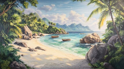  A vibrant painting depicts a tropical beach scene with two boats floating in clear turquoise water. Lush green vegetation and large rocks frame the beach, while mountains are visible in the distance.