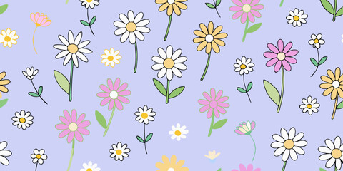 Set of seamless ditsy patterns with various wild meadow flowers. Сolourful cute floral summer backgrounds. Lovely design for wrapping, textile, cover, print, banner, greeting card, label, wallpaper.