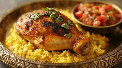 Golden Plated Roasted Chicken with Yellow Rice and Salsa on Decorative Plate