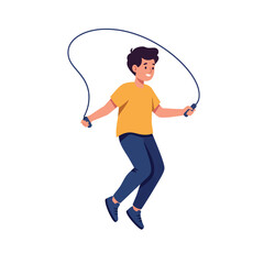 Obraz premium A young boy jumping joyfully with a skipping rope in a playful and energetic flat vector illustration