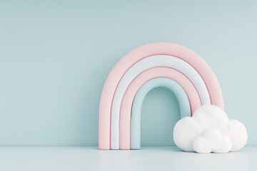 Fototapeta premium Soft pastel rainbow in baby pink and blue with fluffy clouds on mint background, cute minimal nursery design
