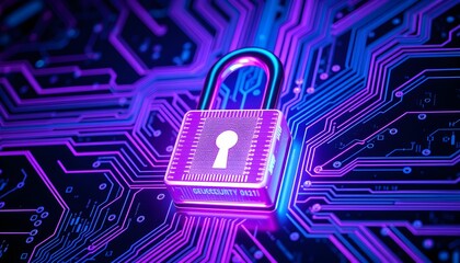 Glowing neon padlock, cybersecurity concept, digital circuit board background, purple and blue color scheme, futuristic technology, data protection visualization, intricate electronic patterns