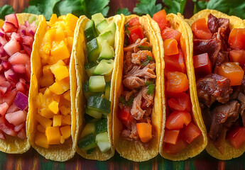 Vibrant Tacos Dish Featuring Crunchy and Soft Shells, Spicy Meats, Creamy Cheeses, and Fresh Vegetables on a Bright Color Scheme