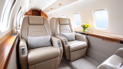 A luxurious interior of a private jet featuring comfortable leather seating and large windows, designed for both comfort and style.