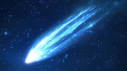 A comet streaks through deep blue space, surrounded by scattered stars. Ideal for science, astronomy, or anything related to celestial events.