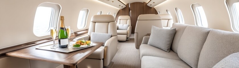 A luxurious private jet interior featuring spacious seating, a table with champagne, and elegant decor, emphasizing comfort and sophistication.