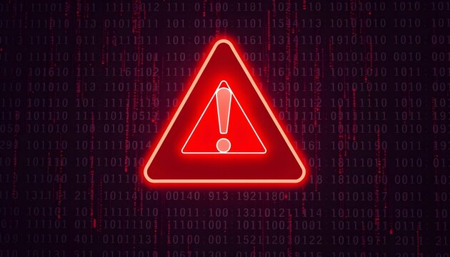 Neon red exclamation point, glowing triangle warning sign, digital background, binary code, cybersecurity alert