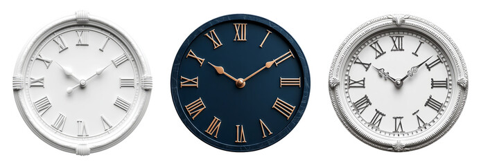 Three Distinct Clock Designs Isolated on Transparent Background