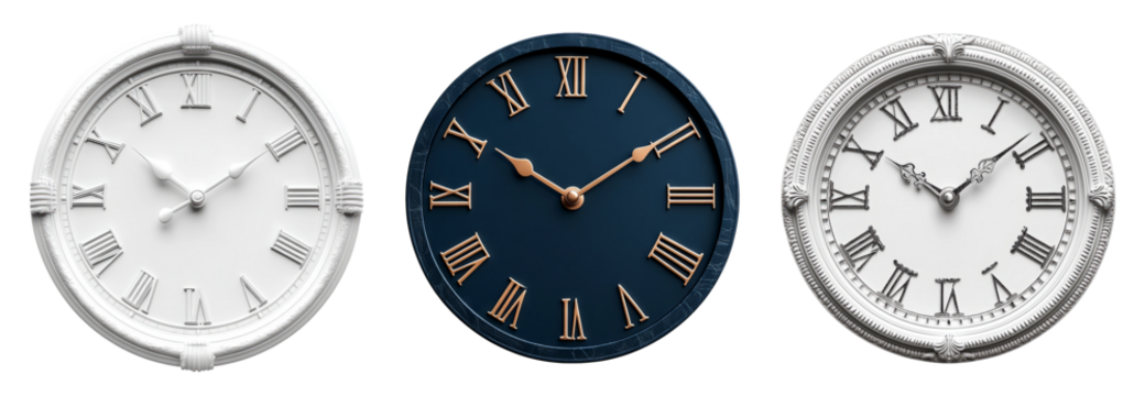 Three Distinct Clock Designs Isolated on Transparent Background - Powered by Adobe