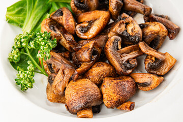 Mushroom fried champignon vegetable dish fresh gourmet food background on the table rustic food top view copy space vegetarian and vegan food