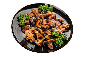 Mushroom fried champignon vegetable dish fresh gourmet food background on the table rustic food top view copy space vegetarian and vegan food