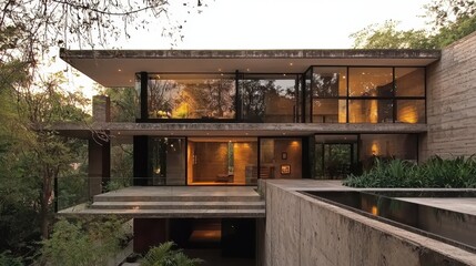 Fototapeta premium A modern concrete home nestled within a lush, green landscape.