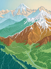 Multicolored topographic map of a mountain range formed by a contour line
