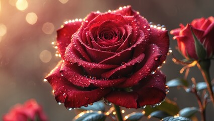 Beautiful red rose glistening with dew in soft morning light creating a serene atmosphere in a garden