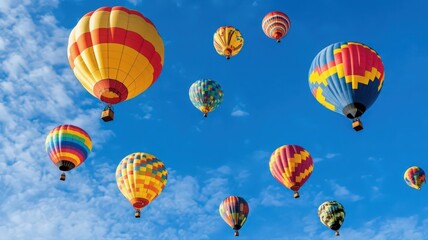 Obraz premium Scenic View of Multicolored Hot Air Balloons Floating in Bright Blue Cloudy Sky on a Sunny Day