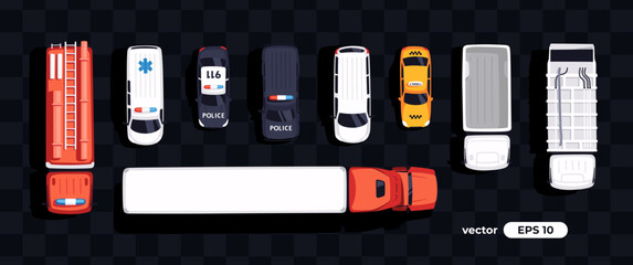Top view cars set isolated. View from above. Cute cartoon transport. Modern urban vehicle. Realistic design. Flat style vector illustration. Truck, ambulance, fire truck, garbage truck, police, taxi.