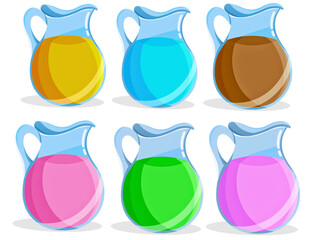 Collection of juice jugs with different kinds of drink isolated on white background. Pitchers with colorful drinks inside the glass. Set of glass decanters for drinks, juices, and lemonades. 