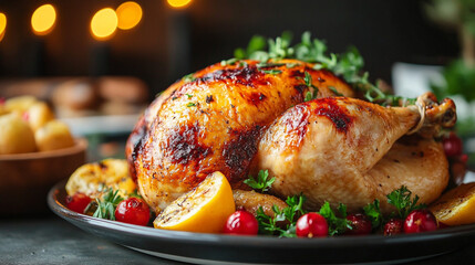 Fototapeta premium Succulent roasted turkey served with fresh herbs and citrus