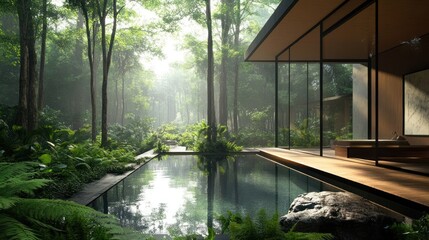 Modern architectural design integrated with nature in serene forest setting with reflective water surface and lush vegetation