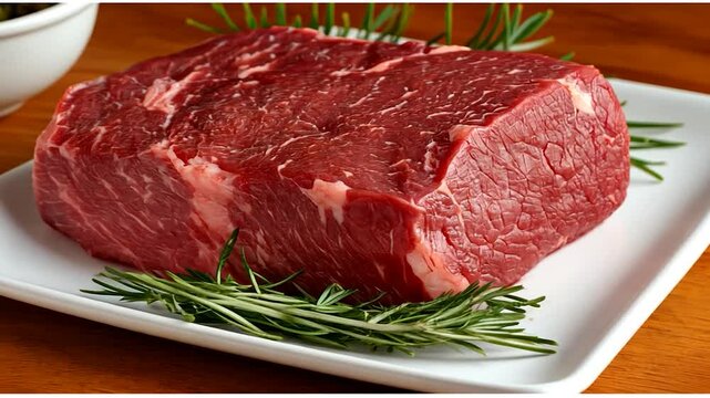 Raw beef steak with rosemary on a plate