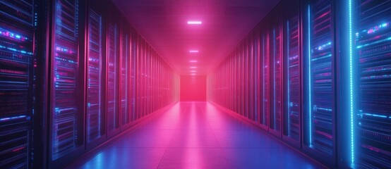 Futuristic Data Center Corridor with Neon Lights and Server Racks in Pink and Blue Colors