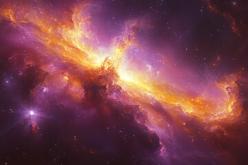 Fototapeta premium Vibrant nebula shines purple gold space scene.