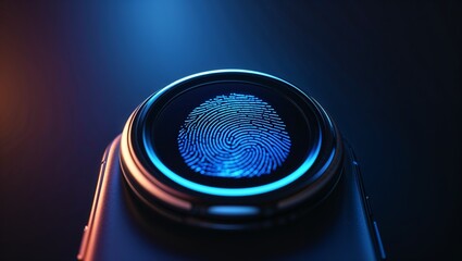 High contrast cinematic portrayal of a fingerprint scanner illuminated by neon lights in a dark setting