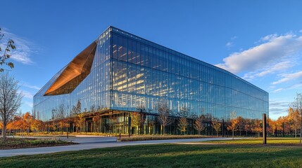 Modern glass building reflecting sky and trees in autumn setting.
