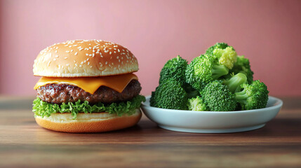 Delicious Conundrum: Choose Between Unhealthy Junk Food and Healthy Balanced Meal Options, Featuring a Tasty Burger vs Fresh Broccoli
