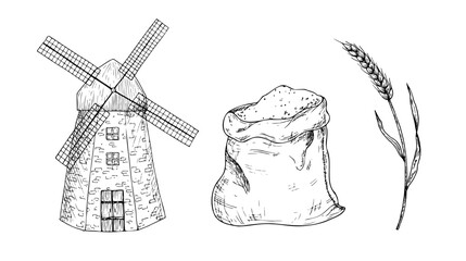 Vector Windmill, fabric canvas bag for food or delivery. Graphic ink bag with flour, ear of wheat, grain illustration isolated on background. Hand drawn line sketch. For designers, prints, logo, icon