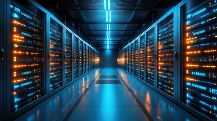 Modern data center with glowing blue and orange lights in a futuristic server room.