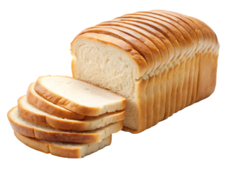 A loaf of sliced white bread with several slices stacked on the side on transparent background