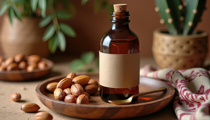 Argan oil label. Natural argan oil packaging mockup with nuts in cozy interior