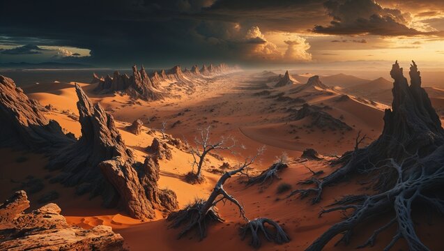 Stunning dreamlike landscape featuring dramatic rock formations illuminated by golden sunset in a vast desert